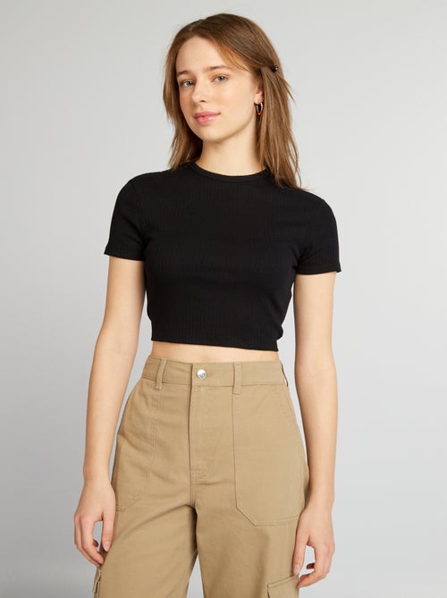 T-shirt cropped côtelé avec liens - Kiabi