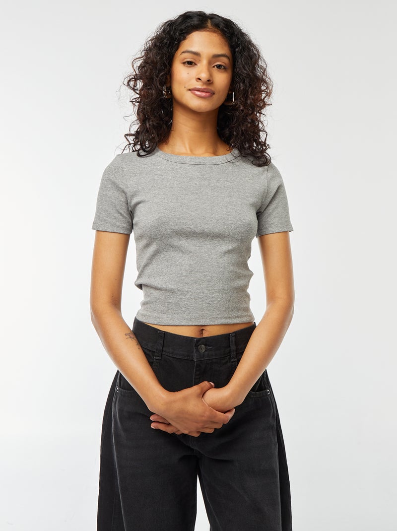 T-shirt cropped manches courtes Gris - Kiabi