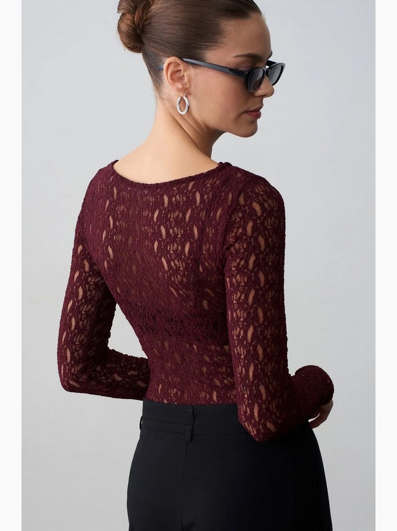 T-shirt dentelle col bateau manches longues dilvin Rouge bordeaux - Kiabi