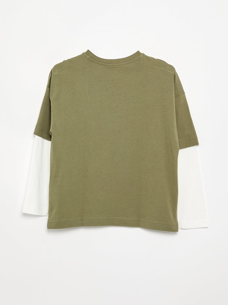 T-shirt effet 2-en-1 manches longues Kaki - Kiabi