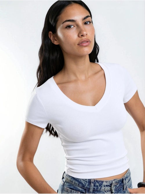 T-shirt élastique à manches courtes avec col en v busem - Kiabi