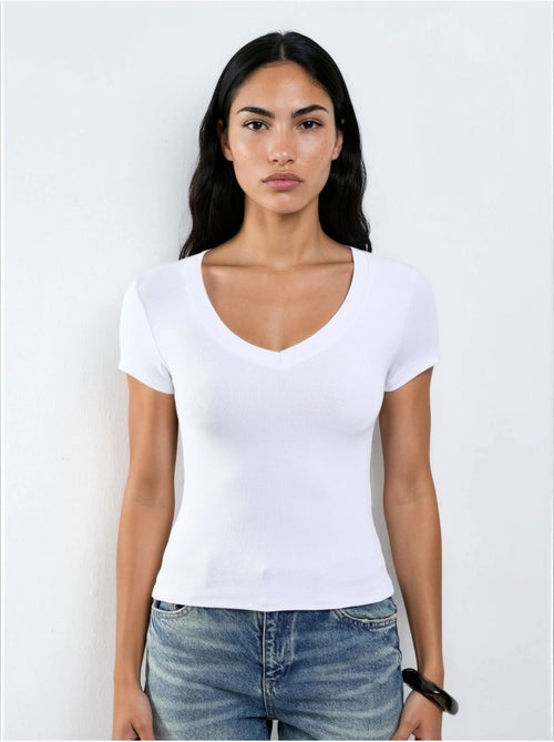 T-shirt élastique à manches courtes avec col en v busem - Kiabi