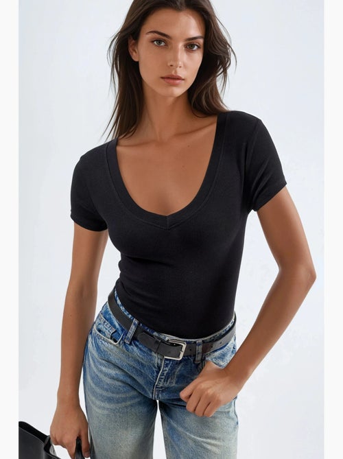T-shirt élastique à manches courtes avec col en v busem - Kiabi