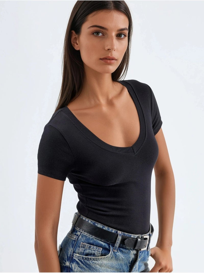 T-shirt élastique à manches courtes avec col en v busem Noir - Kiabi