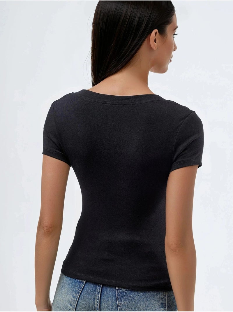 T-shirt élastique à manches courtes avec col en v busem Noir - Kiabi