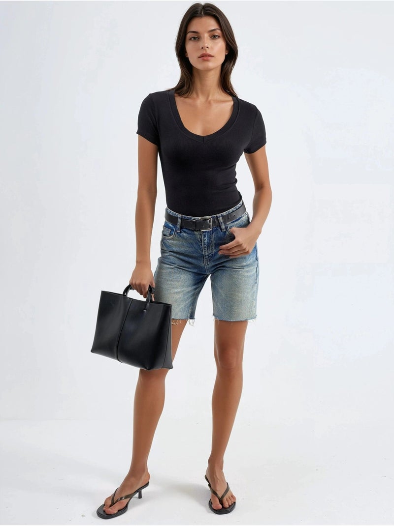 T-shirt élastique à manches courtes avec col en v busem Noir - Kiabi
