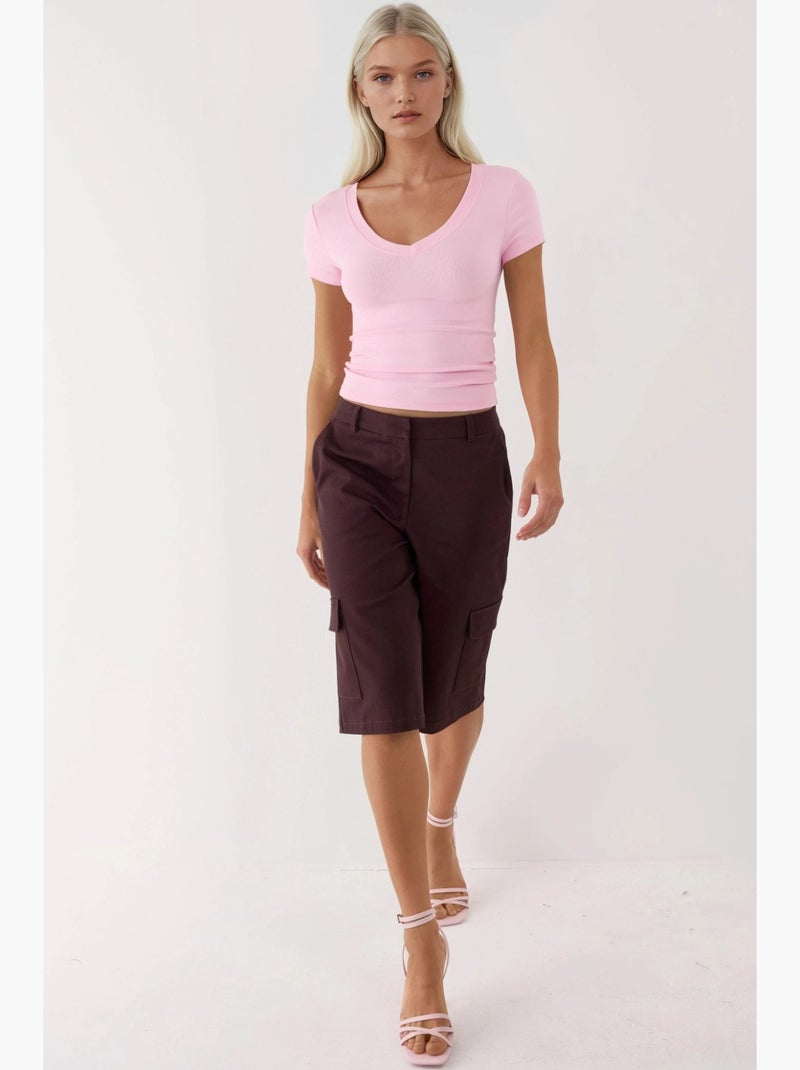 T-shirt élastique à manches courtes avec col en v busem Rose pâle - Kiabi