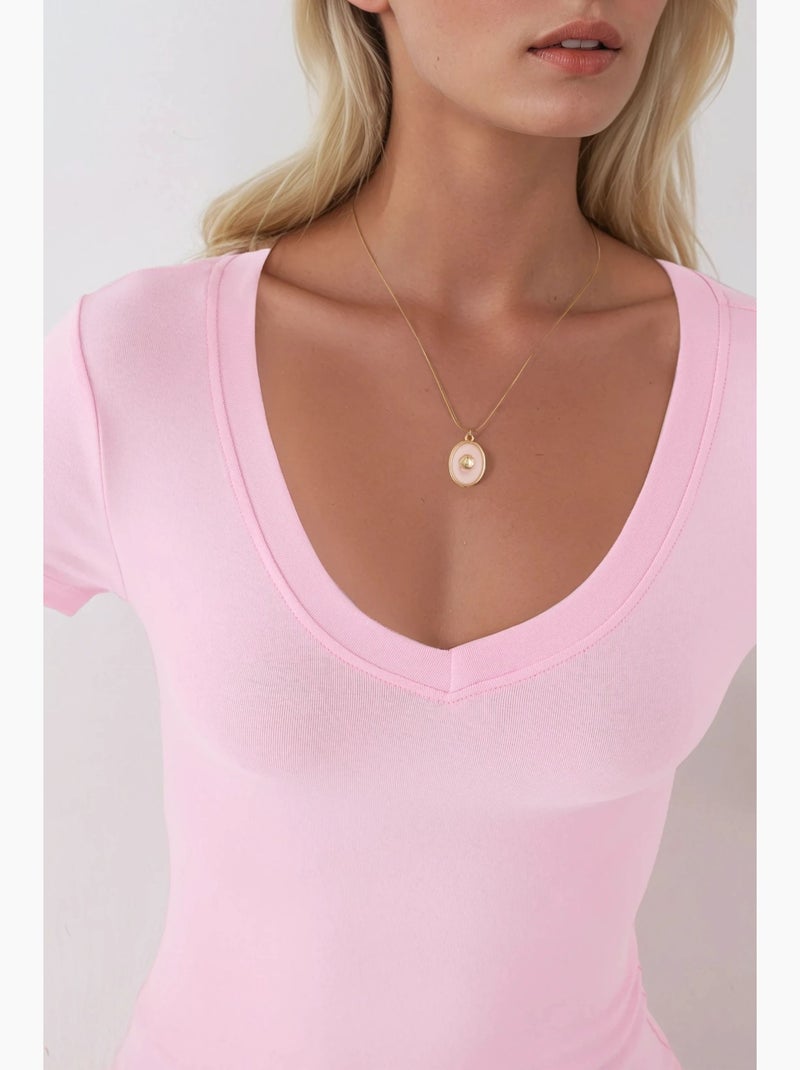 T-shirt élastique à manches courtes avec col en v busem Rose pâle - Kiabi