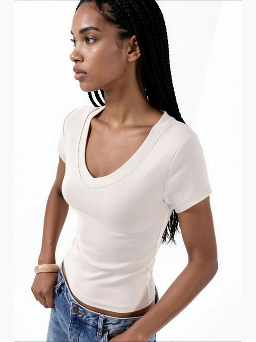 T-shirt élastique à manches courtes avec col en v busem - Kiabi