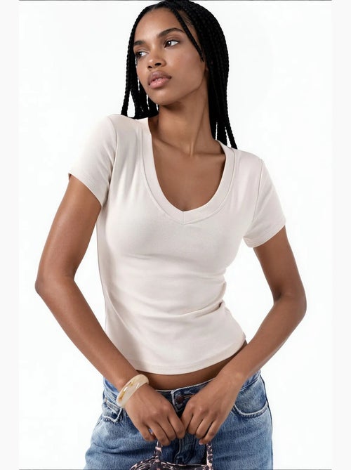 T-shirt élastique à manches courtes avec col en v busem - Kiabi