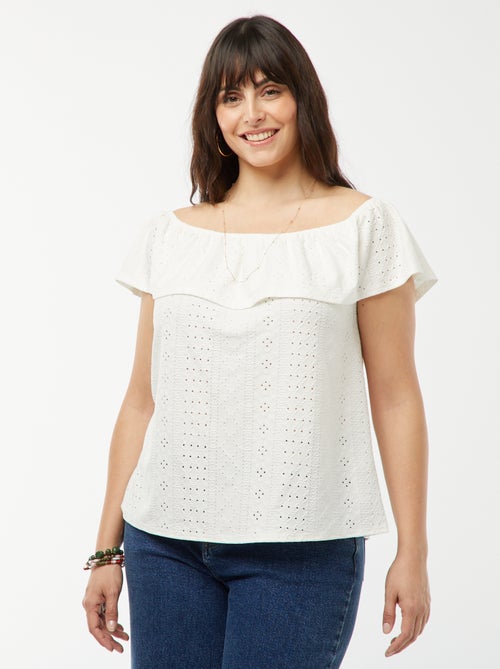 T-shirt en broderie anglaises sans manches avec large volant au col - Kiabi