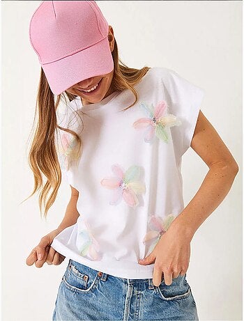 T-shirt en coton à broderie florale et col rond lucci