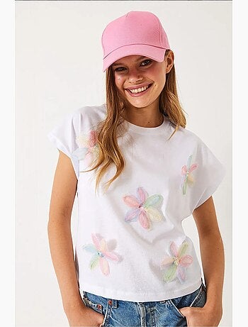 T-shirt en coton à broderie florale et col rond lucci