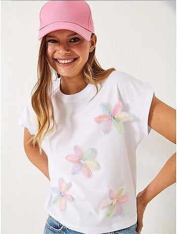 T-shirt en coton à broderie florale et col rond lucci