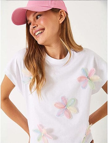 T-shirt en coton à broderie florale et col rond lucci