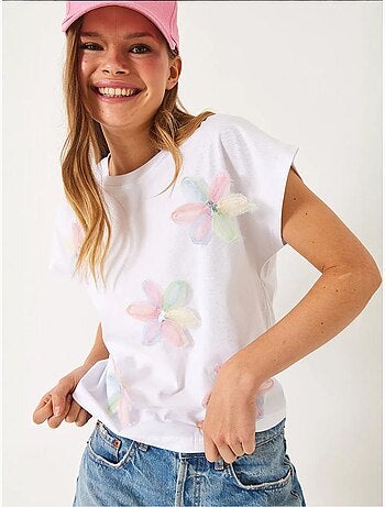 T-shirt en coton à broderie florale et col rond lucci