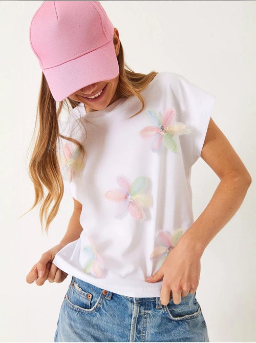 T-shirt en coton à broderie florale et col rond lucci - Kiabi T-shirt en coton à broderie florale et col rond lucci - Kiabi