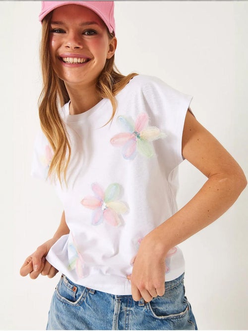 T-shirt en coton à broderie florale et col rond lucci - Kiabi T-shirt en coton à broderie florale et col rond lucci - Kiabi