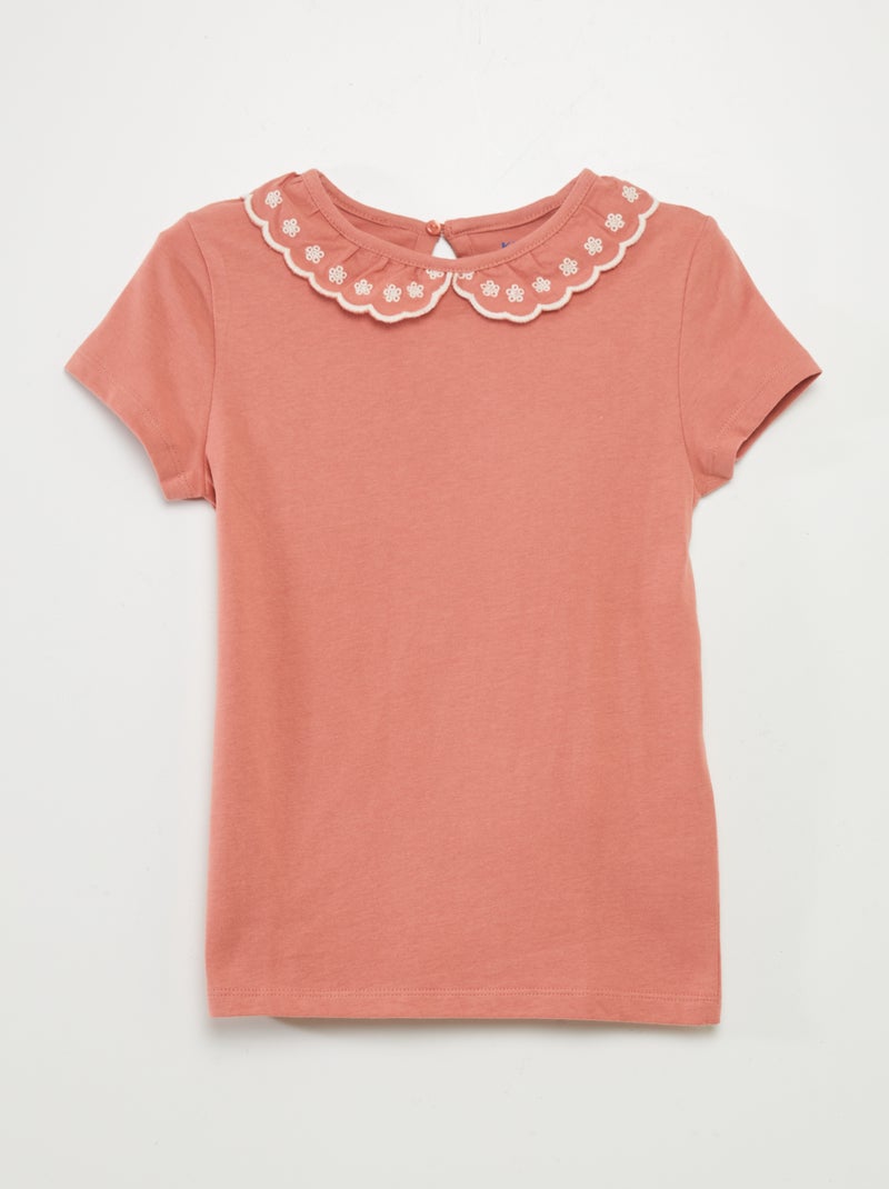 T-shirt en coton à col claudine Rose - Kiabi