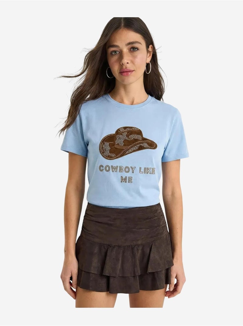 T-shirt en coton à col rond brodé lucci Bleu ciel - Kiabi