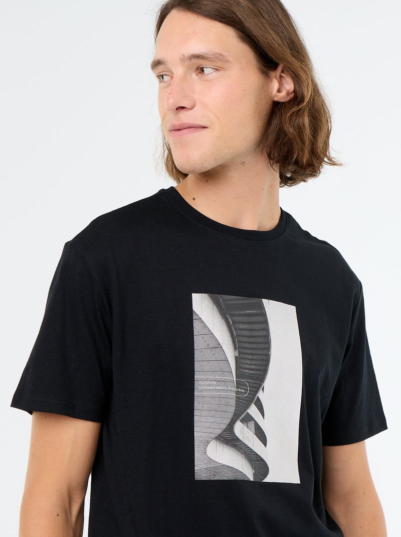 T-shirt en coton à col rond homme avec motif placé Noir - Kiabi