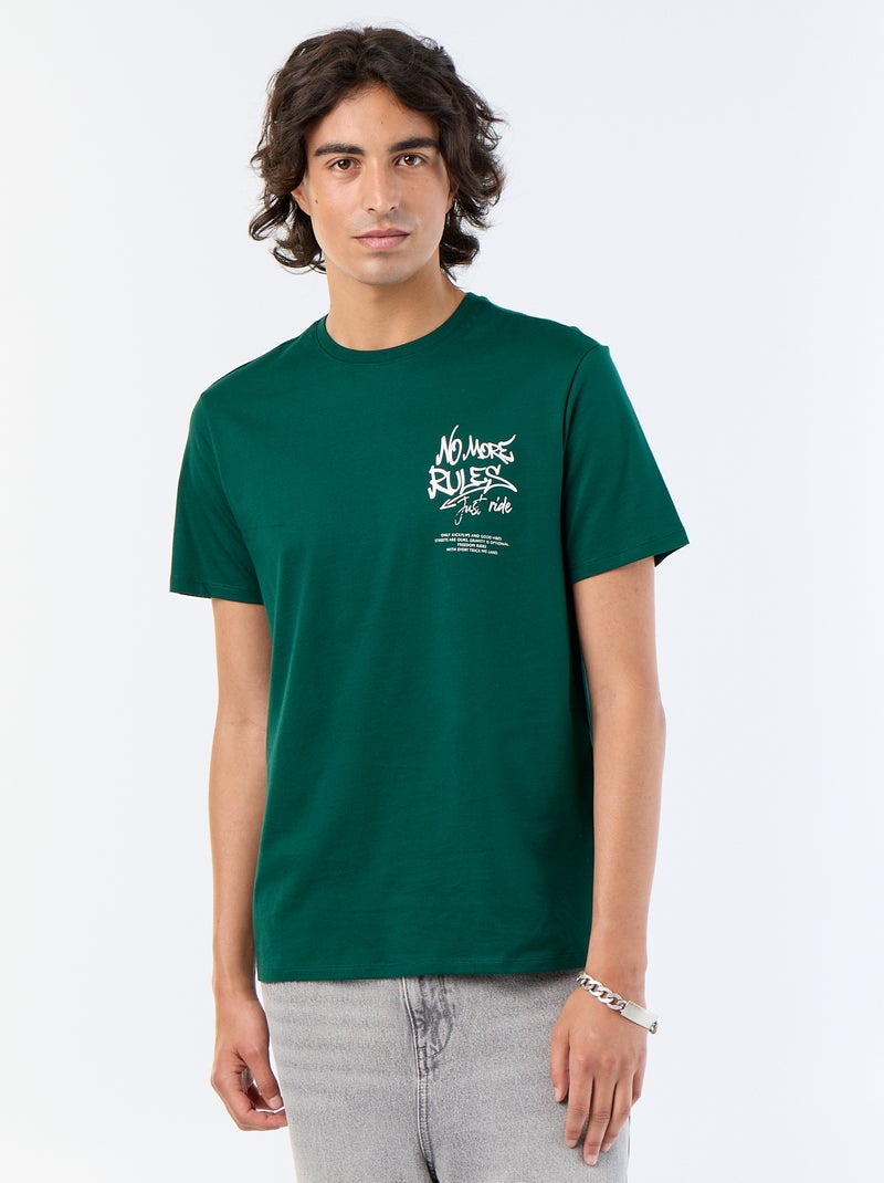 T-shirt en coton à col rond imprimé Homme Vert - Kiabi