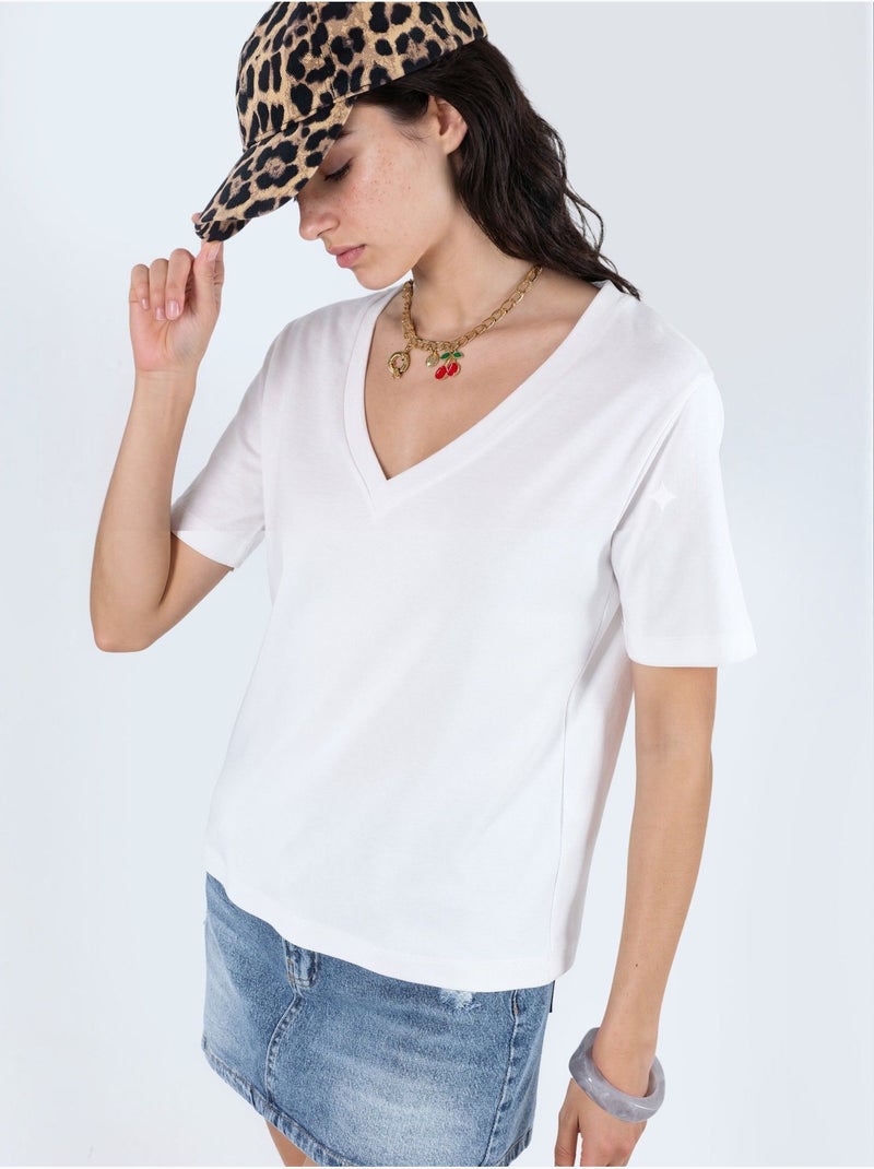 T-shirt en coton à col v coupe régulière unie busem Blanc - Kiabi