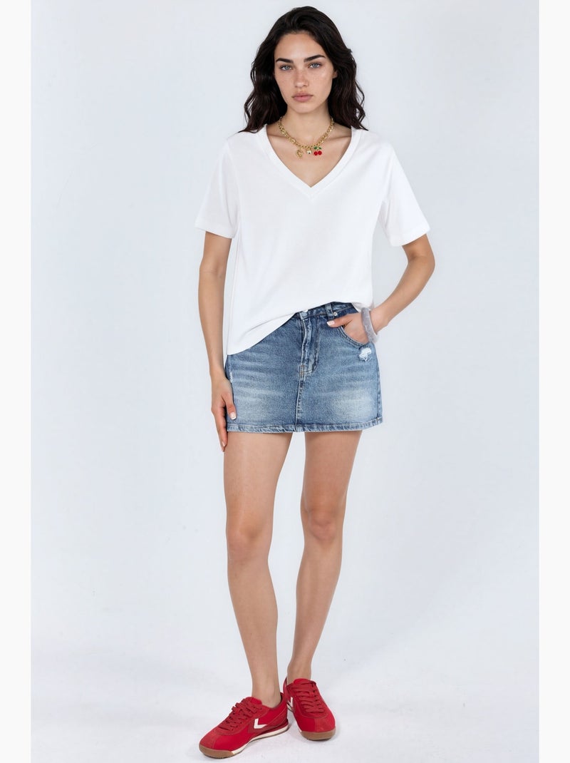 T-shirt en coton à col v coupe régulière unie busem Blanc - Kiabi