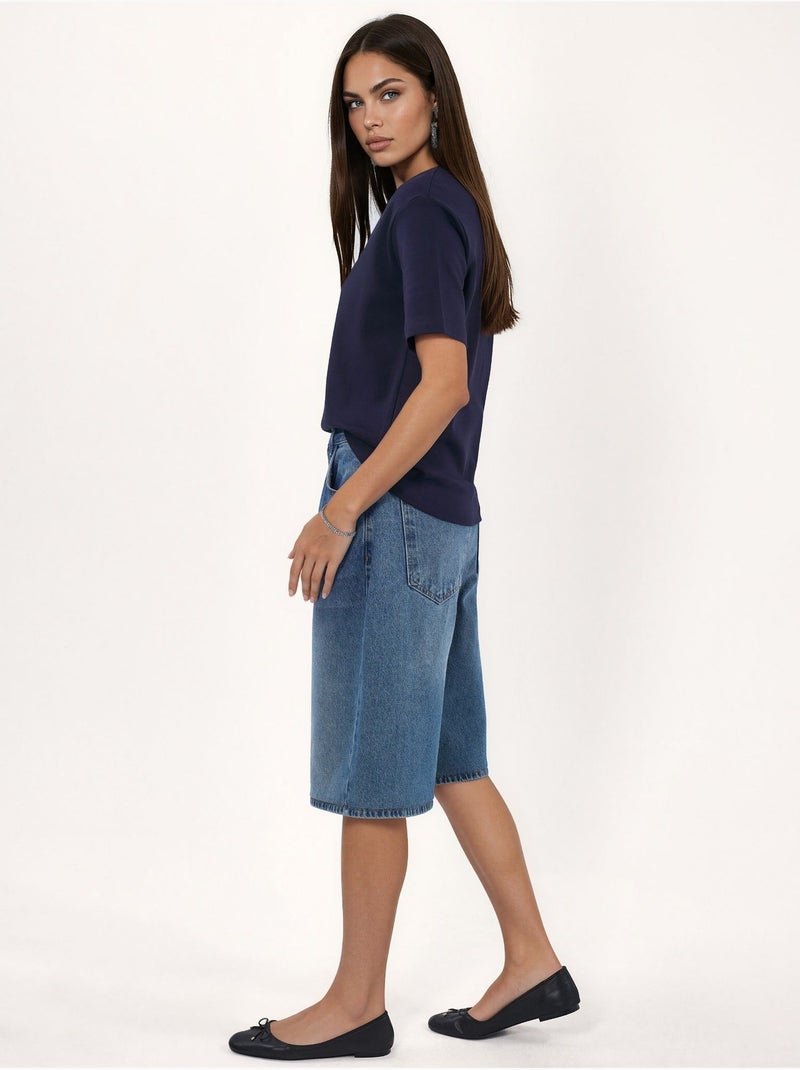 T-shirt en coton à col v coupe régulière unie busem Bleu marine - Kiabi