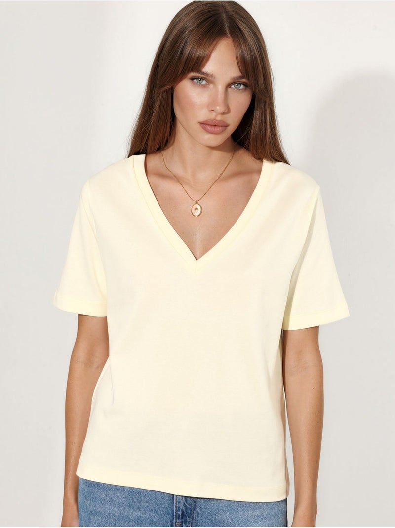 T-shirt en coton à col v coupe régulière unie busem Jaune citron - Kiabi