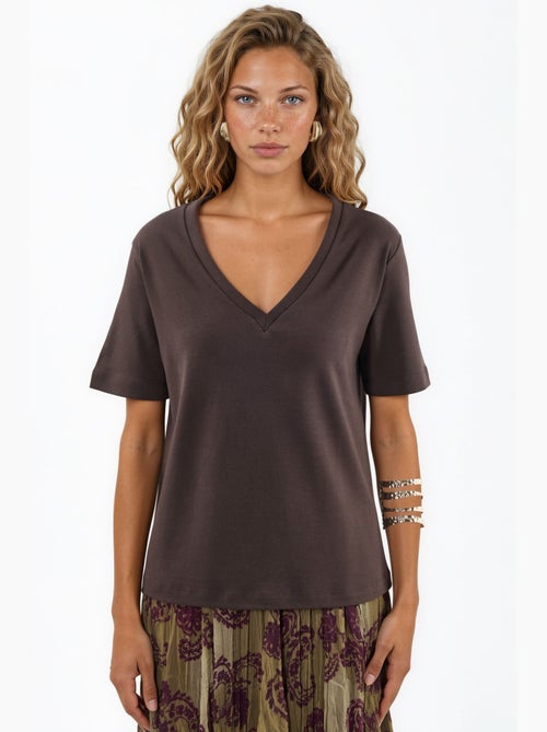 T-shirt en coton à col v coupe régulière unie busem - Kiabi