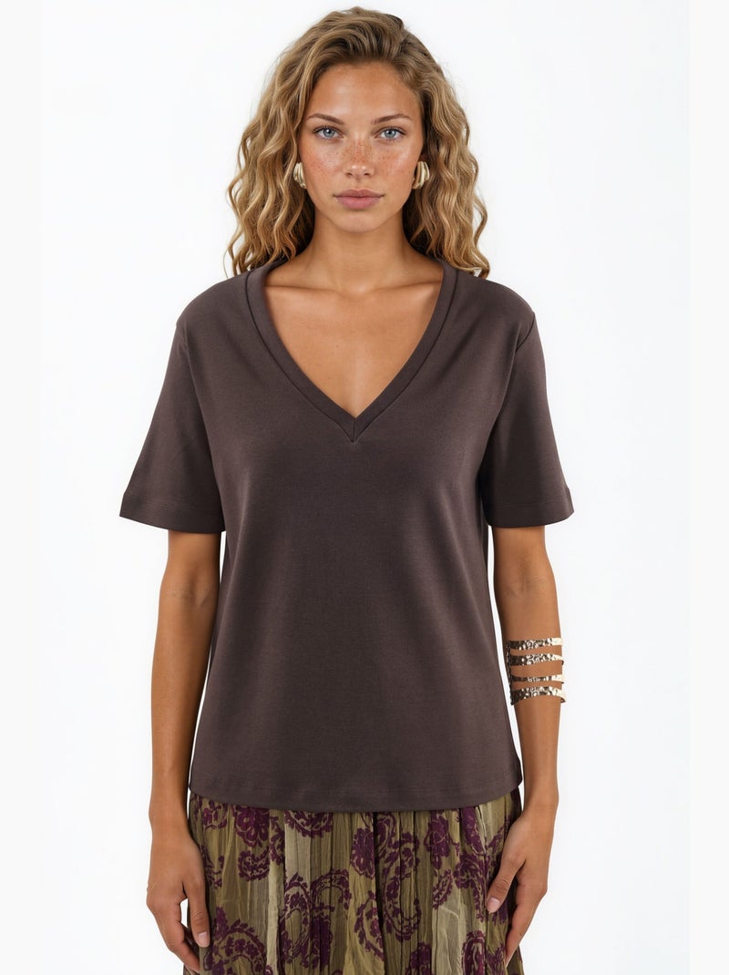 T-shirt en coton à col v coupe régulière unie busem Marron - Kiabi