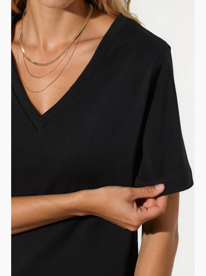 T-shirt en coton à col v coupe régulière unie busem Noir - Kiabi