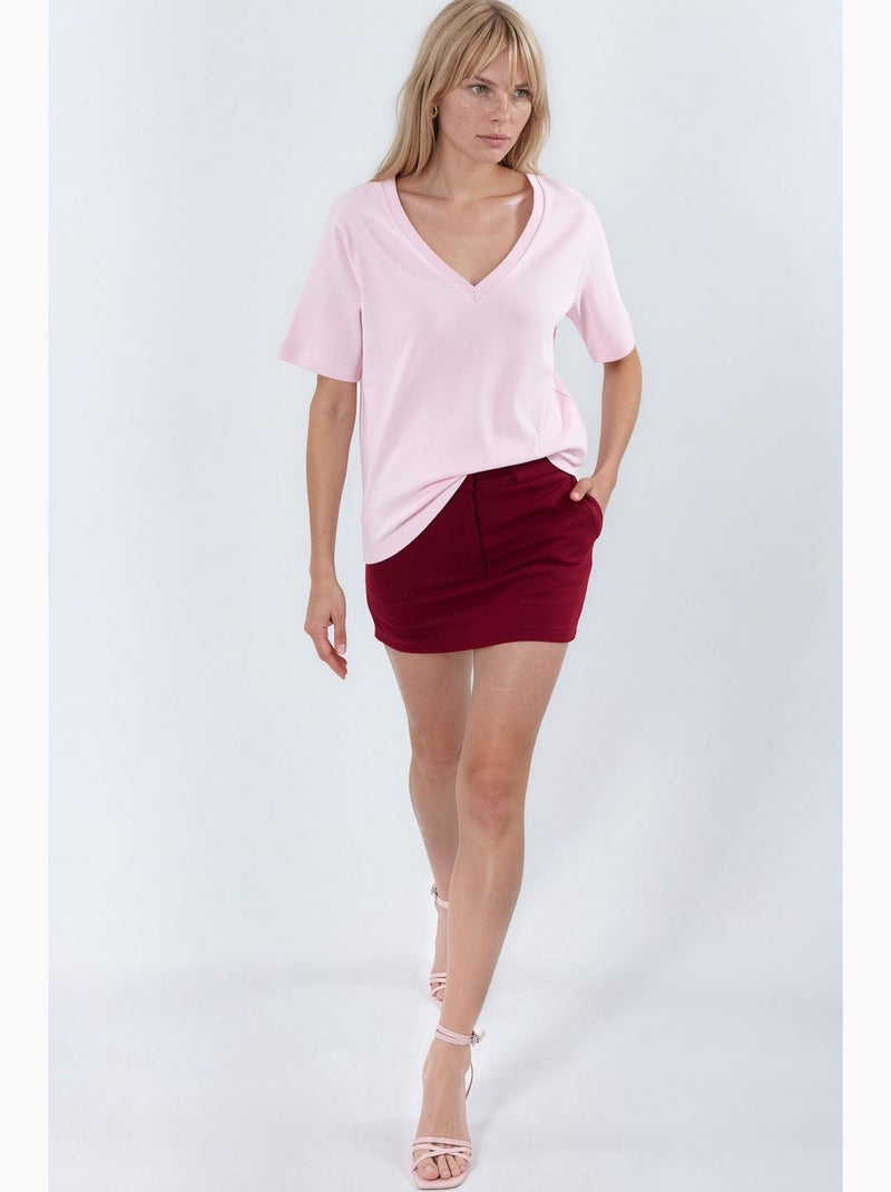 T-shirt en coton à col v coupe régulière unie busem Rose clair - Kiabi