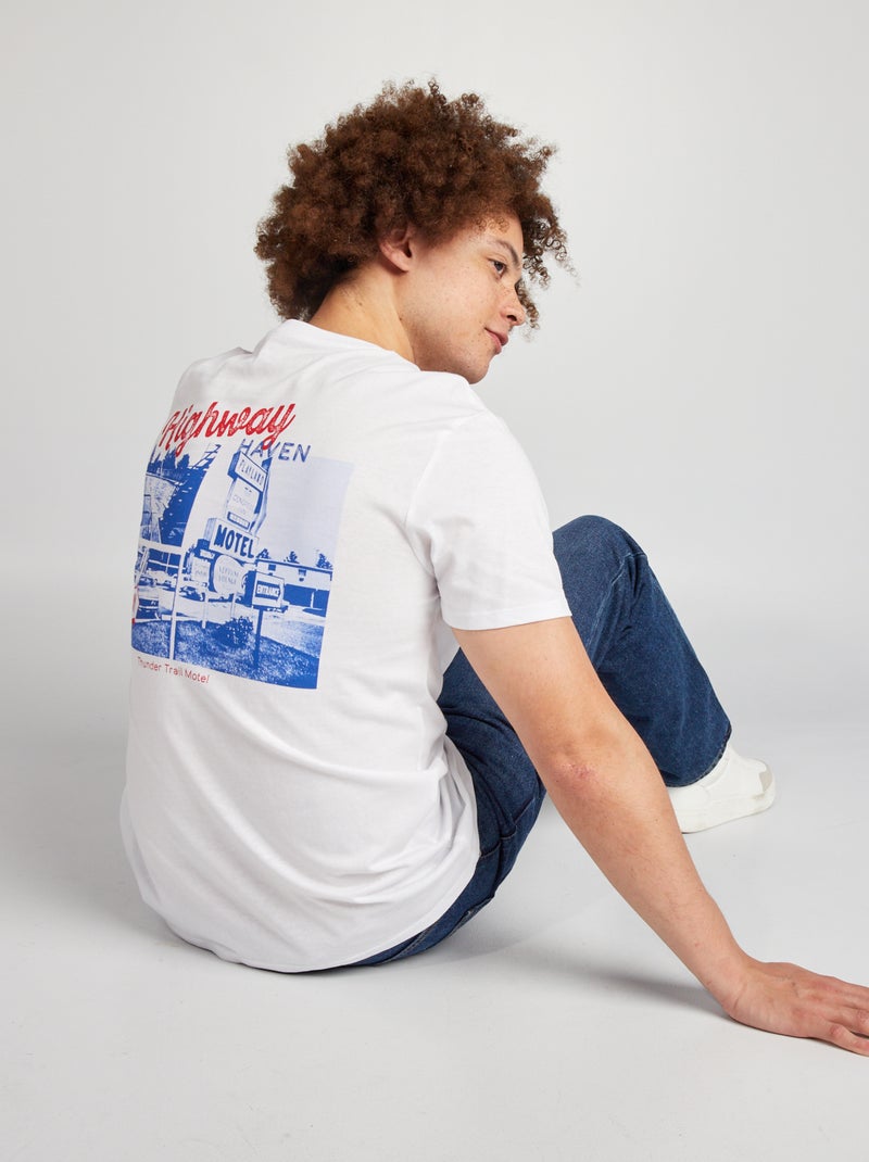 T-shirt en coton à coupe droite avec imprimé Blanc 'Highway Haven' - Kiabi