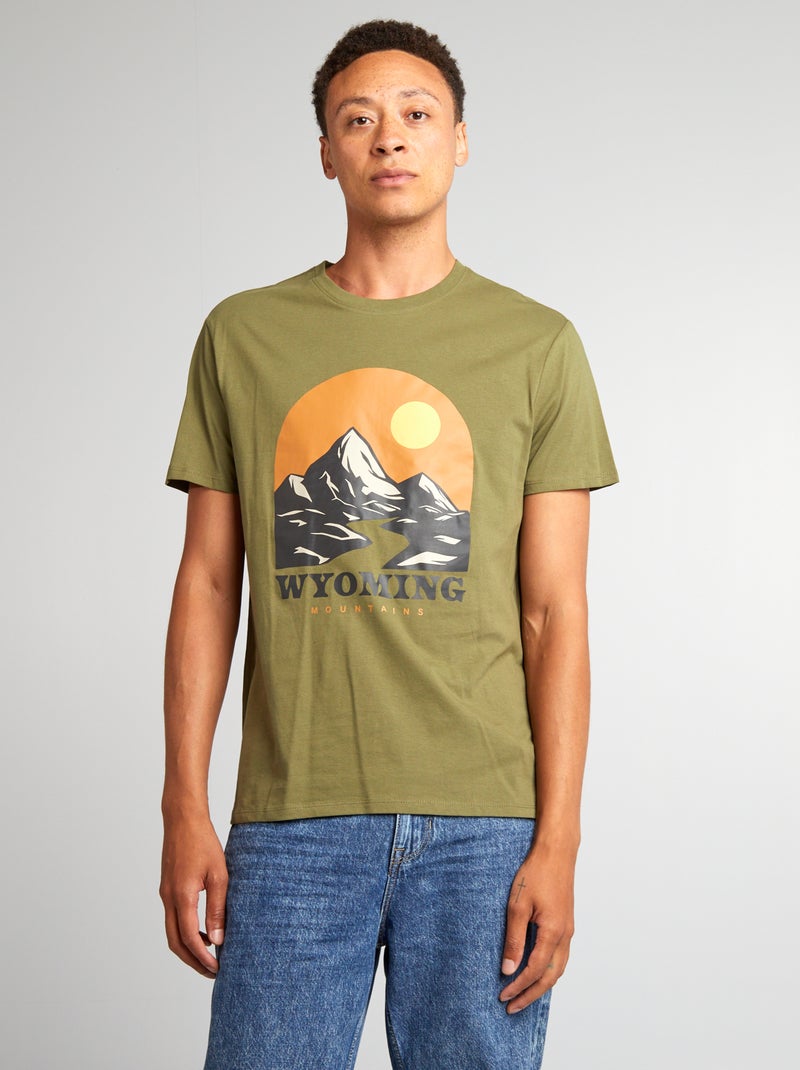 T-shirt en coton à coupe droite avec imprimé Kaki 'Wyoming' - Kiabi