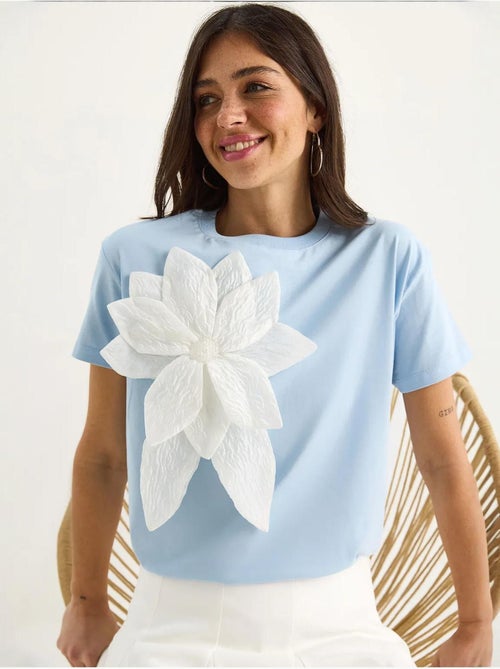 T-shirt en coton à manches courtes avec accessoire floral lucci - Kiabi