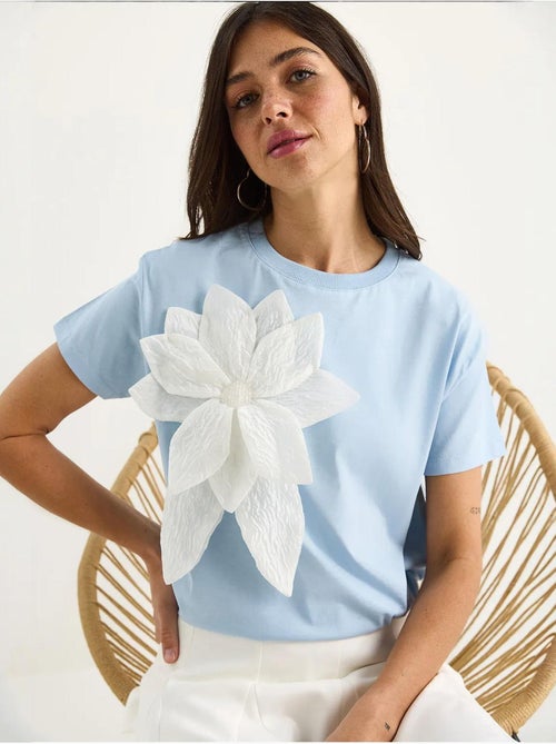 T-shirt en coton à manches courtes avec accessoire floral lucci - Kiabi