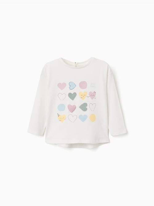 T-shirt en coton à manches longues avec cœurs imprimés - Kiabi