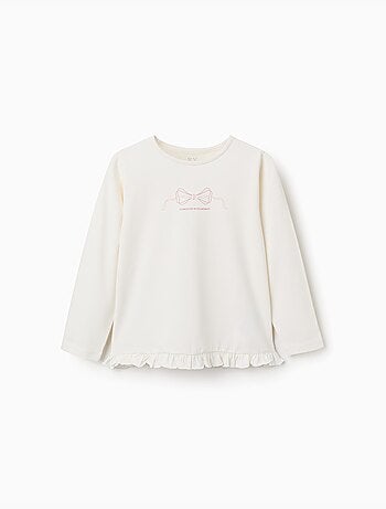 T-shirt en coton à manches longues avec imprimé et ourlet volanté