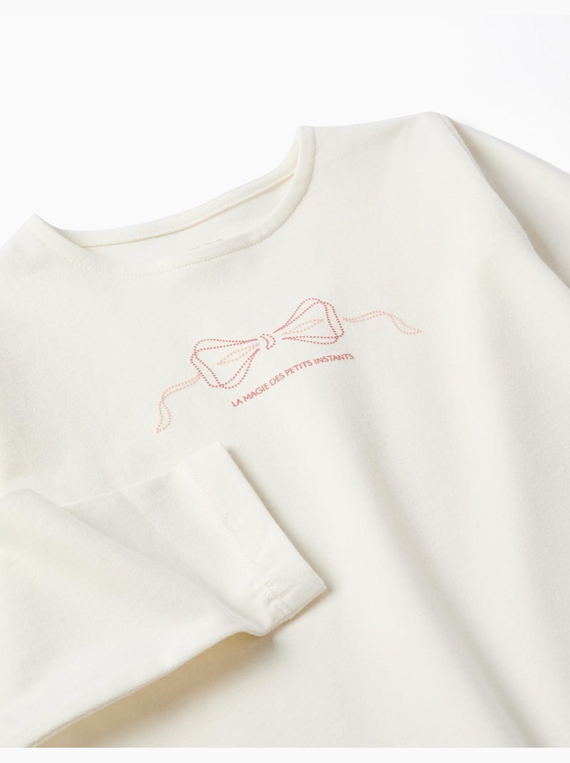 T-shirt en coton à manches longues avec imprimé et ourlet volanté Blanc - Kiabi