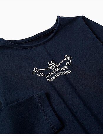 T-shirt en coton à manches longues avec imprimé et ourlet volanté