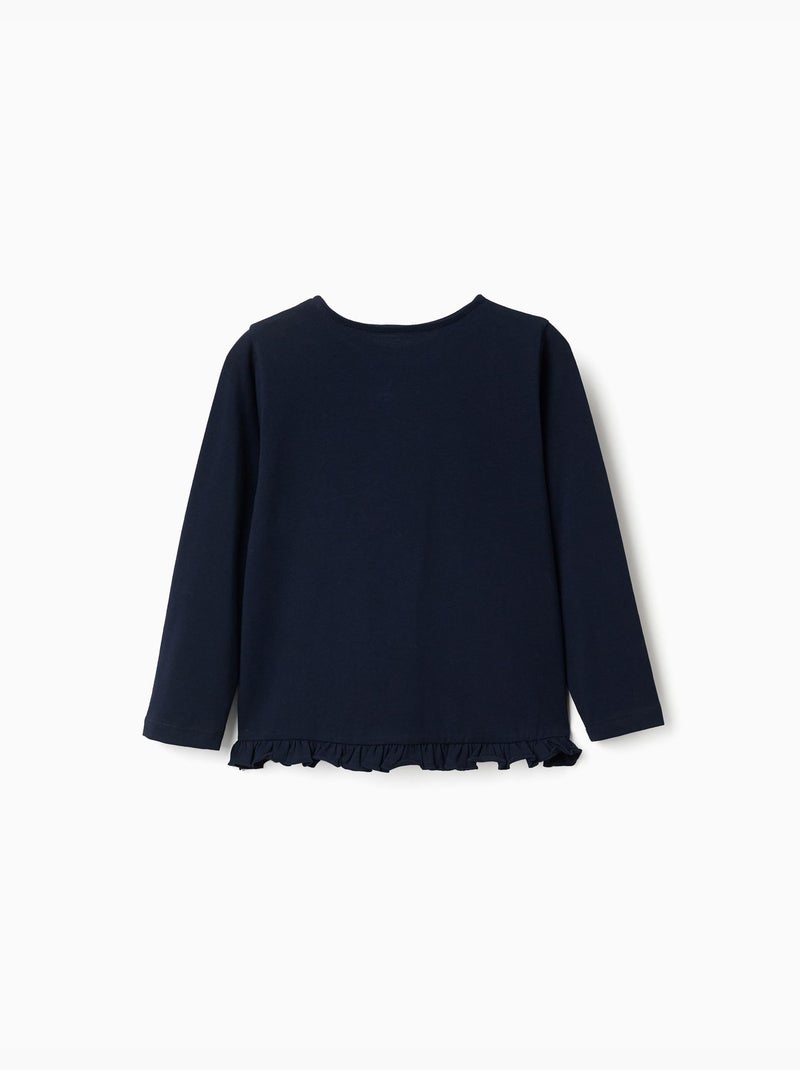 T-shirt en coton à manches longues avec imprimé et ourlet volanté Bleu foncé - Kiabi