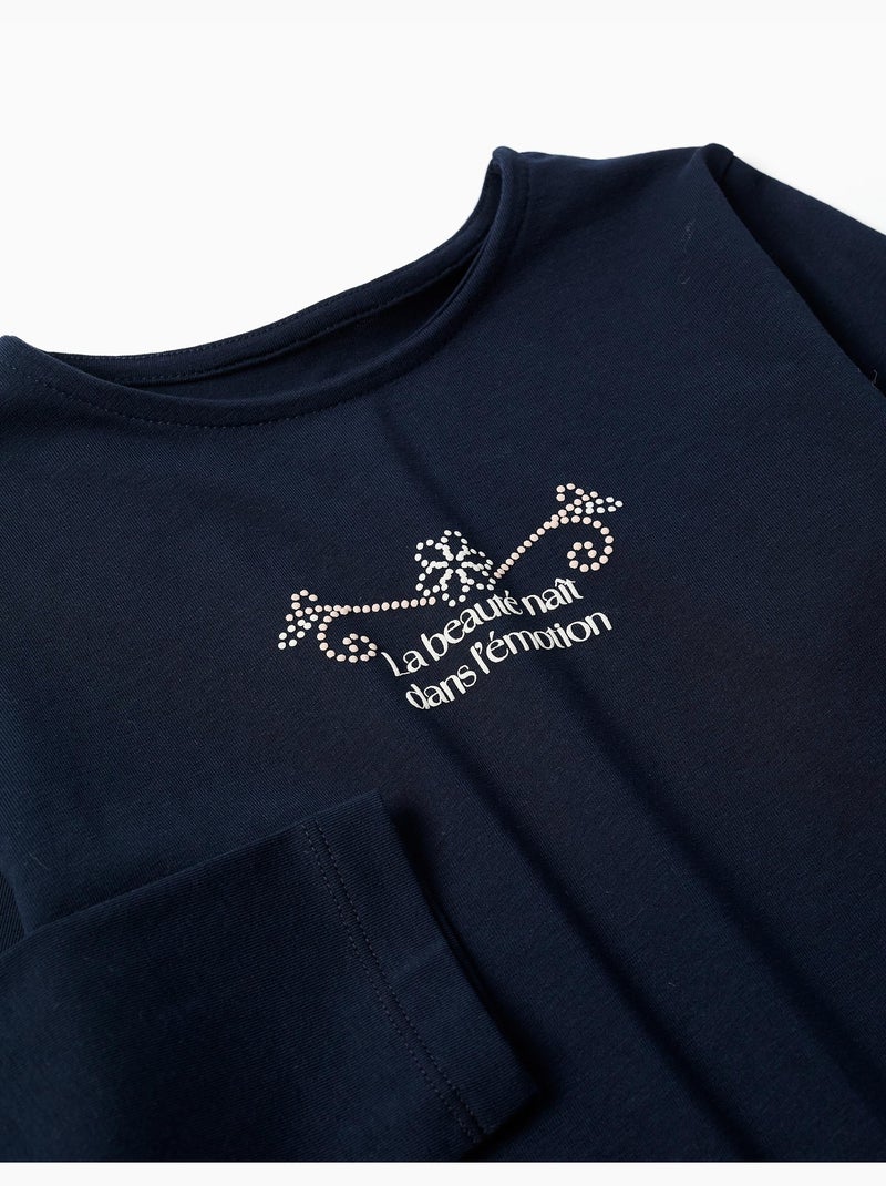 T-shirt en coton à manches longues avec imprimé et ourlet volanté Bleu foncé - Kiabi