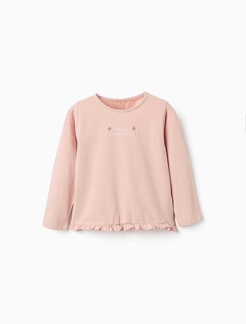 T-shirt en coton à manches longues avec imprimé et ourlet volanté