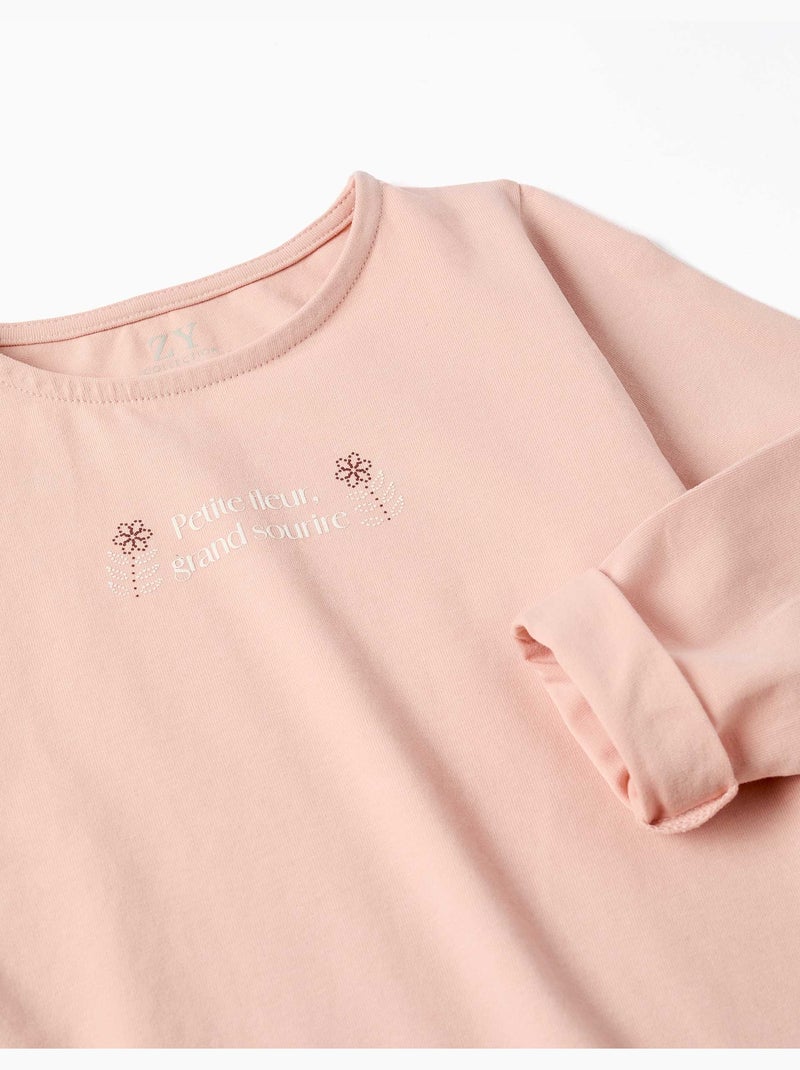 T-shirt en coton à manches longues avec imprimé et ourlet volanté Rose clair - Kiabi