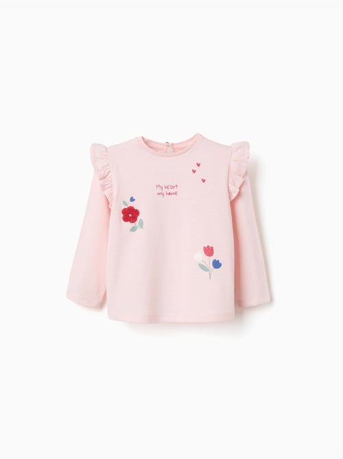 T-shirt en coton à manches longues avec imprimé fleurs - Kiabi