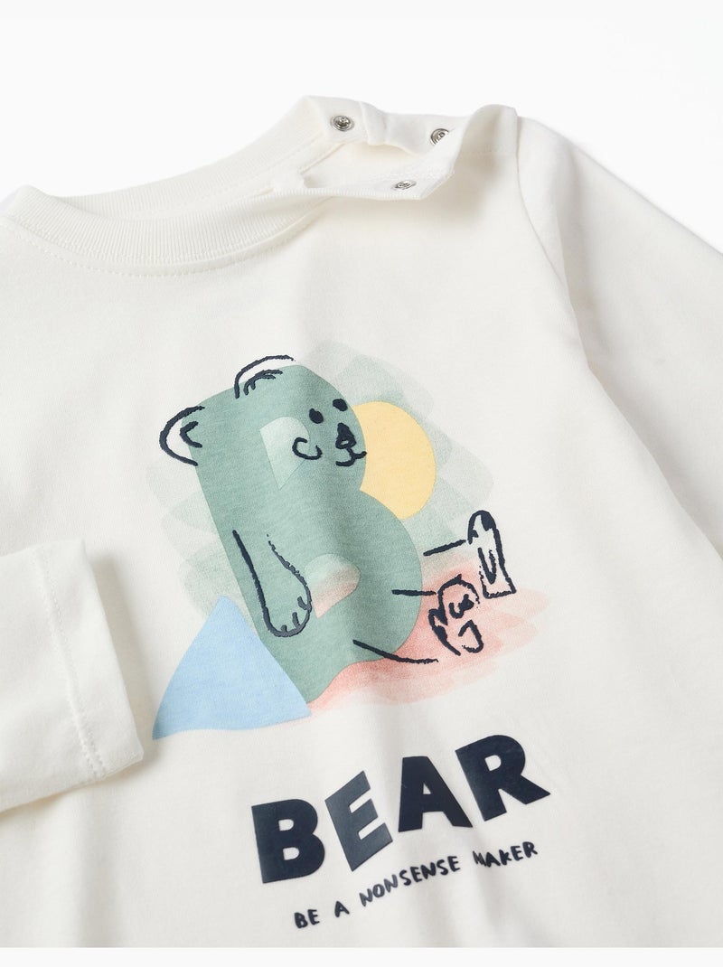T-shirt en coton à manches longues avec imprimé ours Blanc - Kiabi