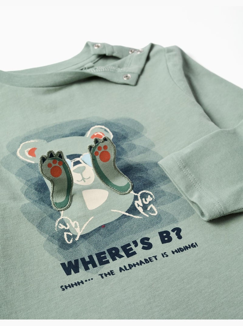 T-shirt en coton à manches longues avec imprimé ours Vert - Kiabi