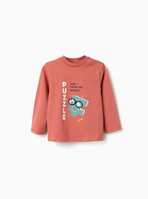 T-shirt en coton à manches longues avec imprimé Puzzle - Kiabi